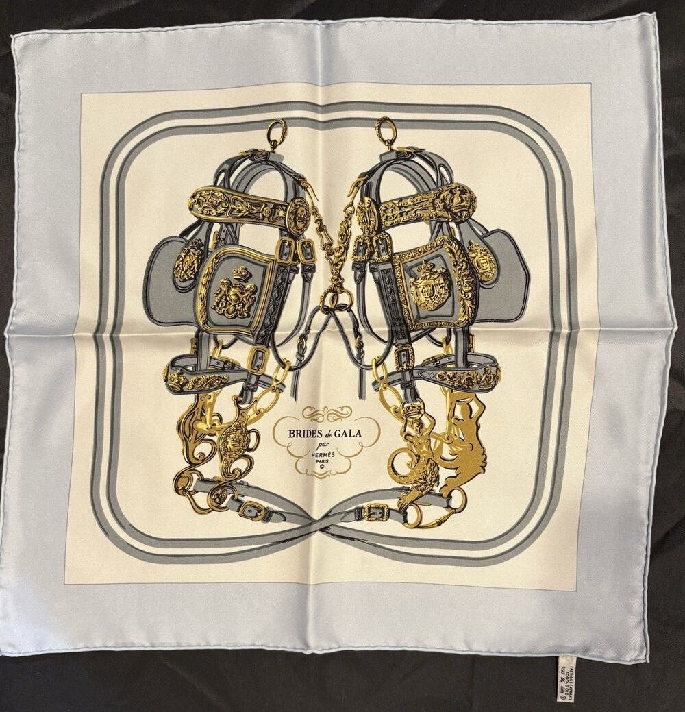 Hermès Pocket Square Silk Scarf Brides de Gala By Hugo Grygkar Lt Blue Gray New